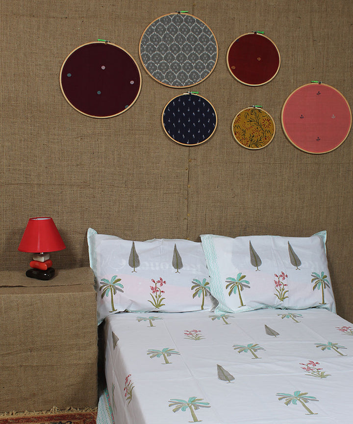 White cyan blue hand printed cotton sanganeri double bedsheet