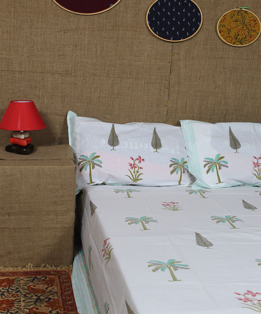 White cyan blue hand printed cotton sanganeri double bedsheet