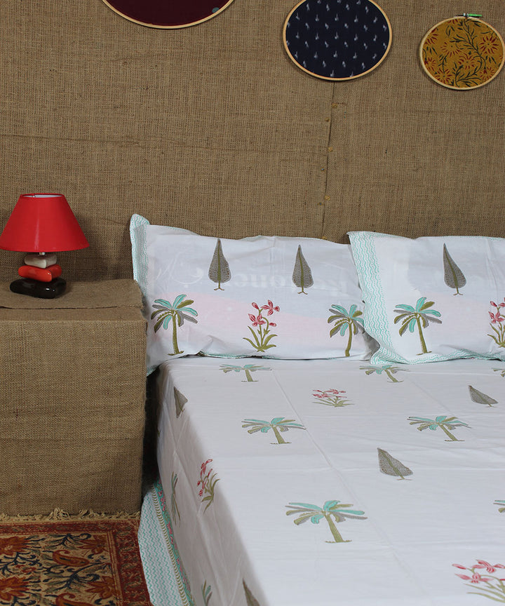 White cyan blue hand printed cotton sanganeri double bedsheet