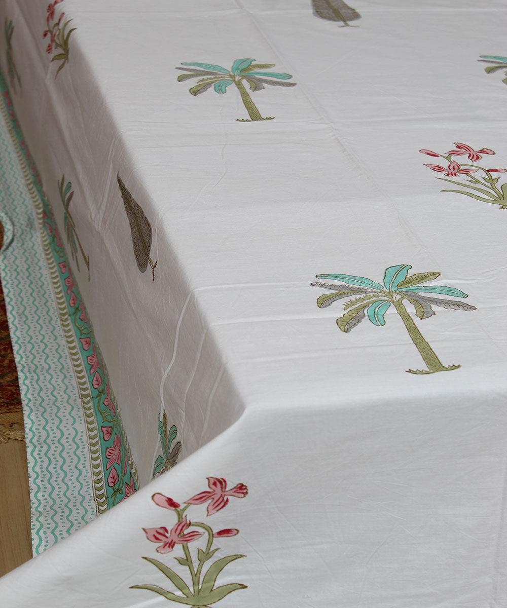White cyan blue hand printed cotton sanganeri double bedsheet