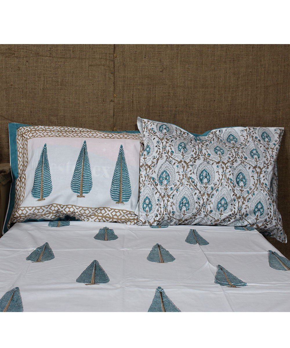 White cyan blue cotton hand printed sanganeri double bedsheet