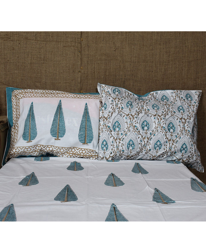 White cyan blue cotton hand printed sanganeri double bedsheet