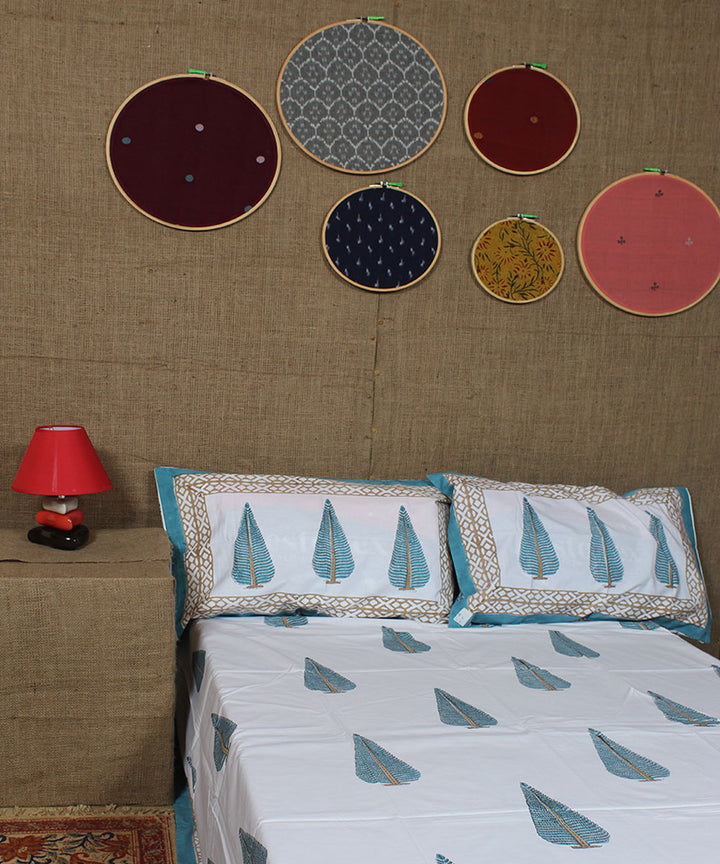 White cyan blue cotton hand printed sanganeri double bedsheet