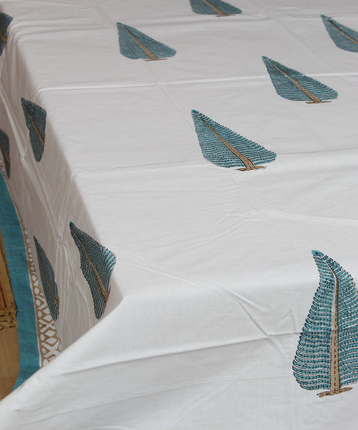 White cyan blue cotton hand printed sanganeri double bedsheet