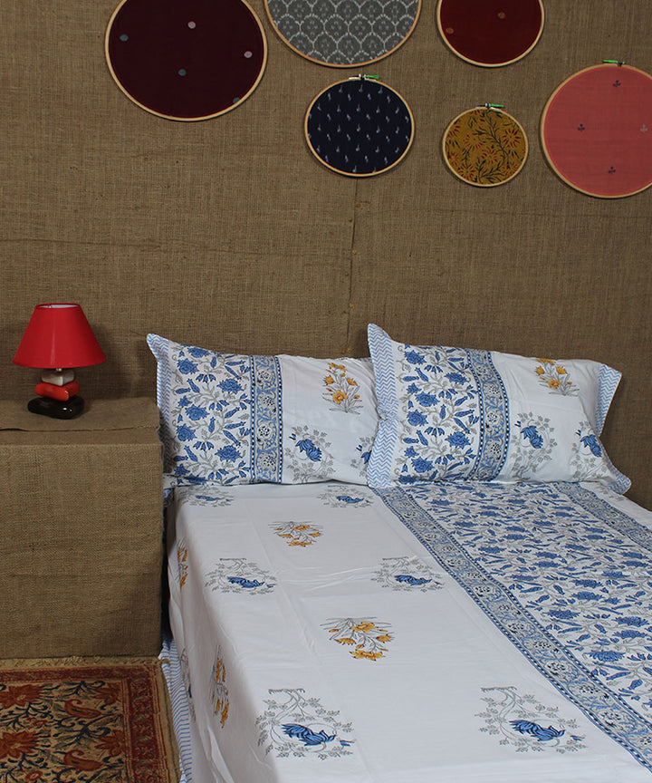 White yellow blue hand printed sanganeri cotton double bedsheet