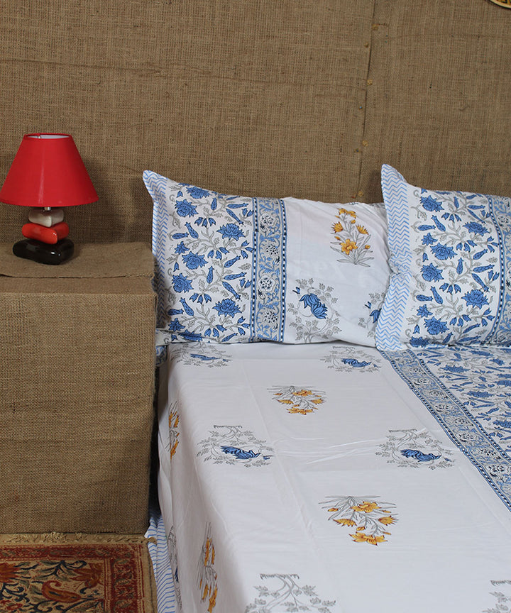 White yellow blue hand printed sanganeri cotton double bedsheet