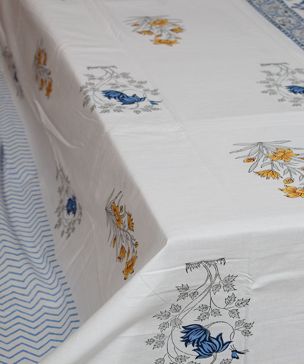 White yellow blue hand printed sanganeri cotton double bedsheet