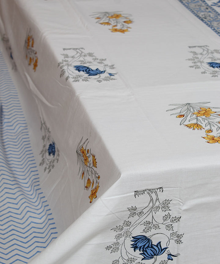White yellow blue hand printed sanganeri cotton double bedsheet