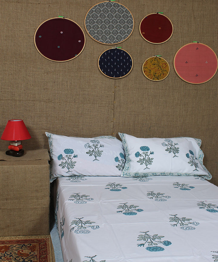 White cyan blue hand printed sanganeri cotton double bedsheet