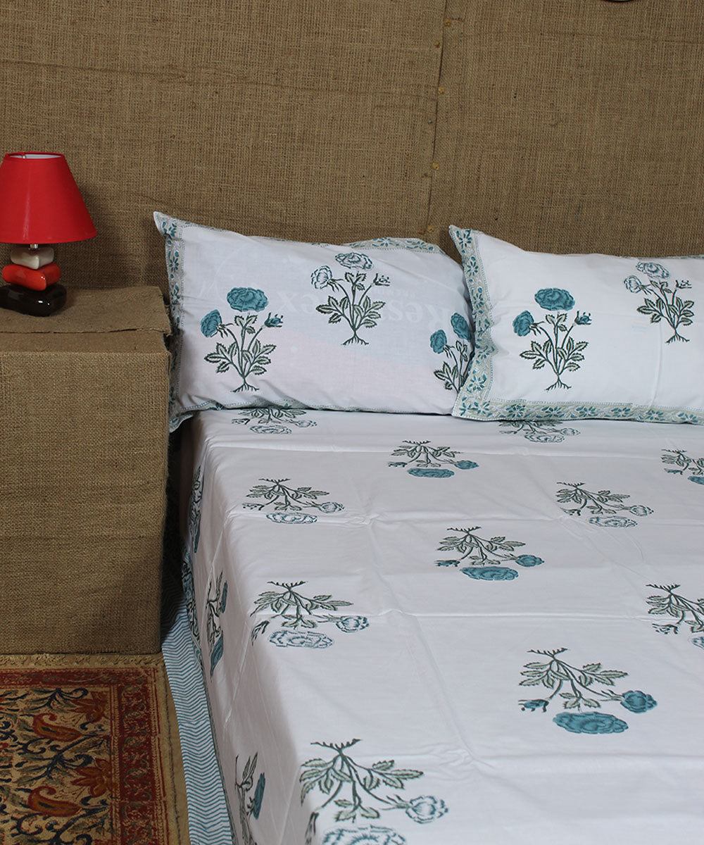 White cyan blue hand printed sanganeri cotton double bedsheet