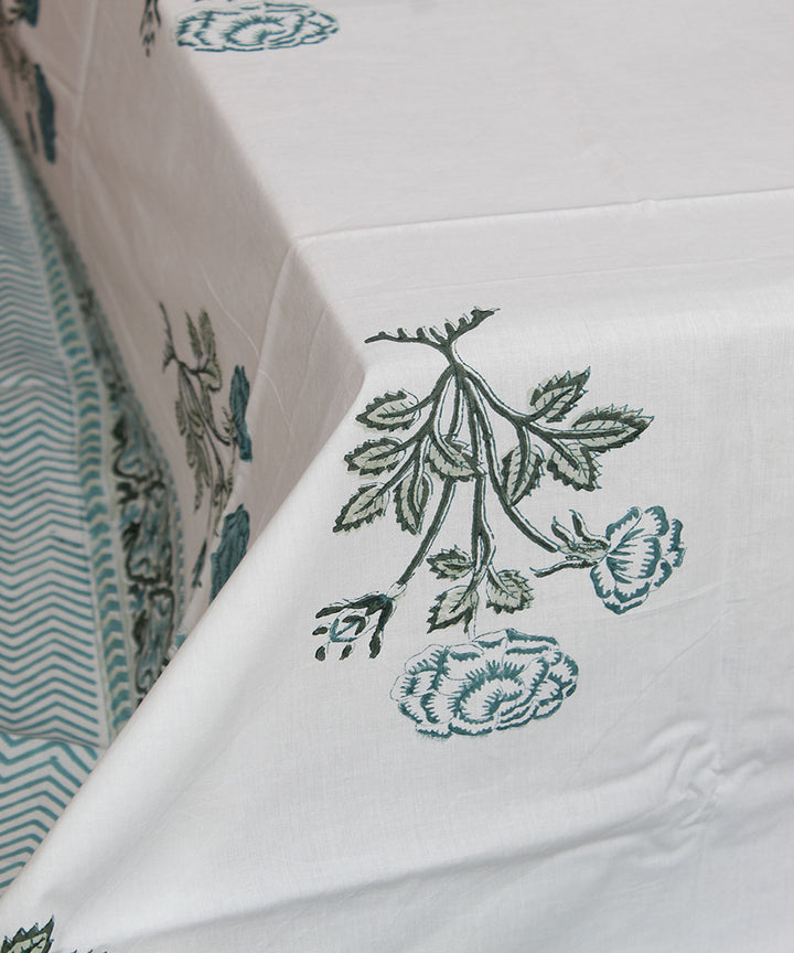 White cyan blue hand printed sanganeri cotton double bedsheet