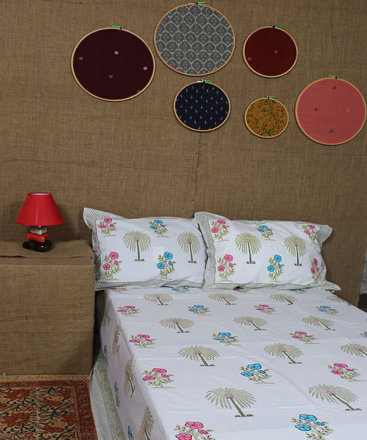 White pink blue hand printed cotton sanganeri double bedsheet