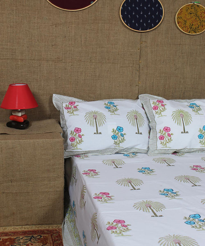 White pink blue hand printed cotton sanganeri double bedsheet