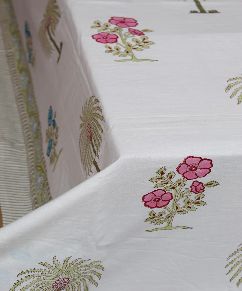 White pink blue hand printed cotton sanganeri double bedsheet