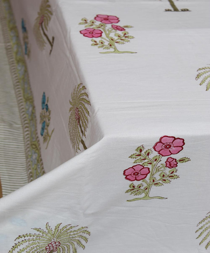 White pink blue hand printed cotton sanganeri double bedsheet