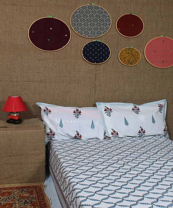 White pink blue sanganeri hand printed cotton double bedsheet