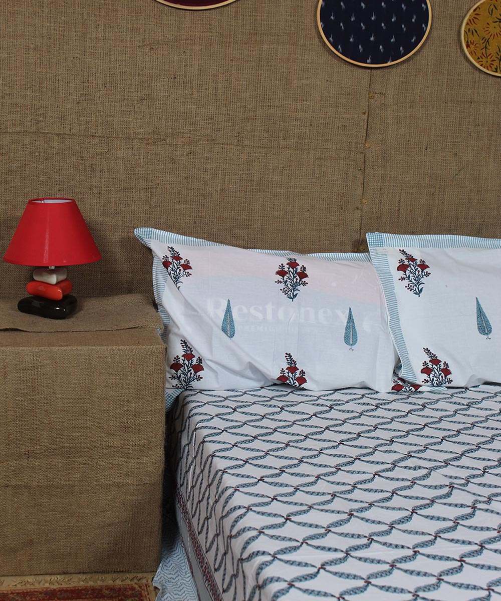 White pink blue sanganeri hand printed cotton double bedsheet