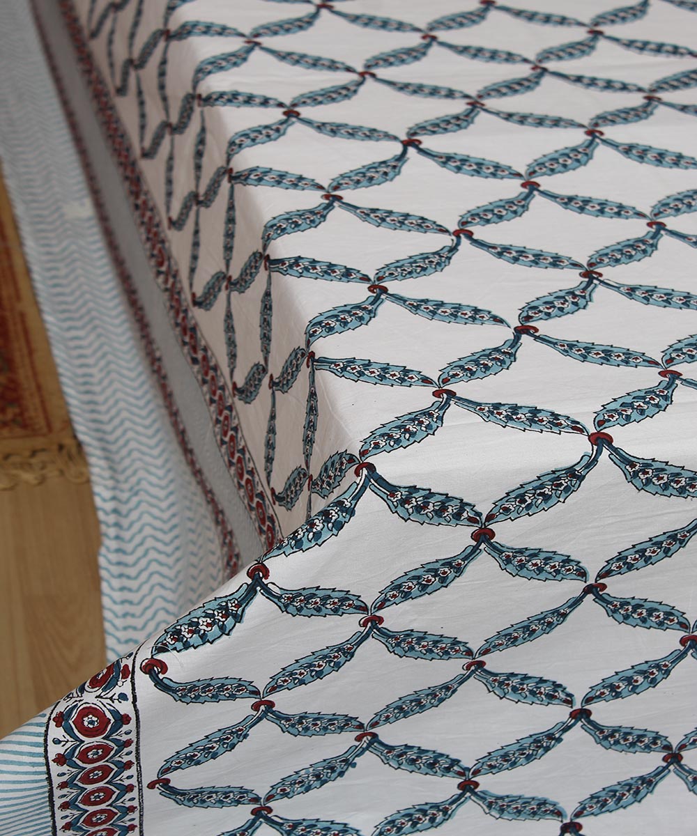 White pink blue sanganeri hand printed cotton double bedsheet