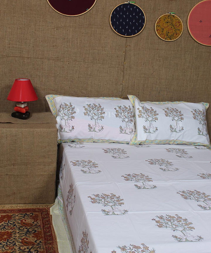 White  hand printed sanganeri cotton double bedsheet