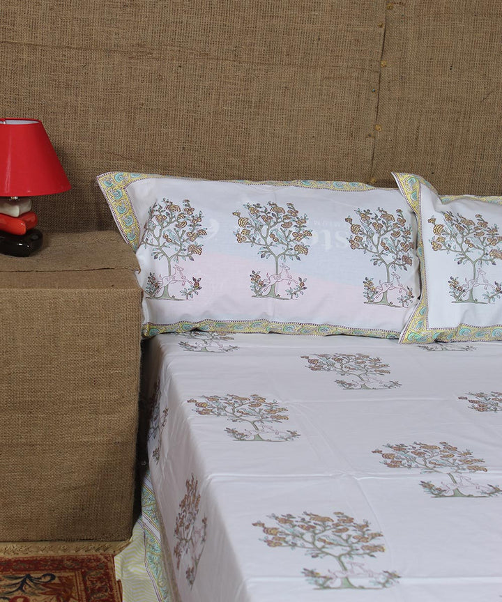 White  hand printed sanganeri cotton double bedsheet