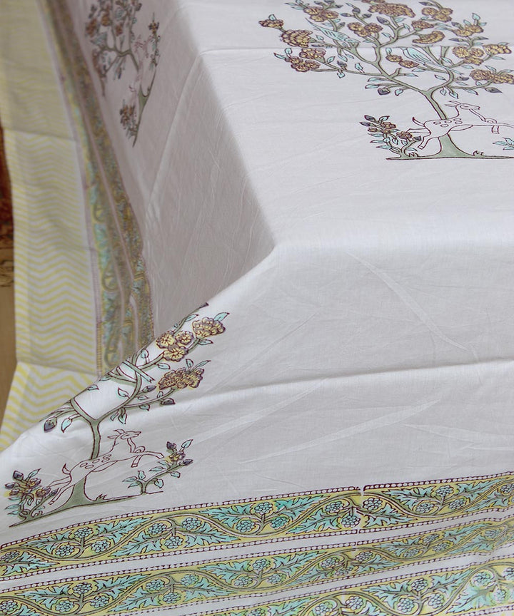 White  hand printed sanganeri cotton double bedsheet