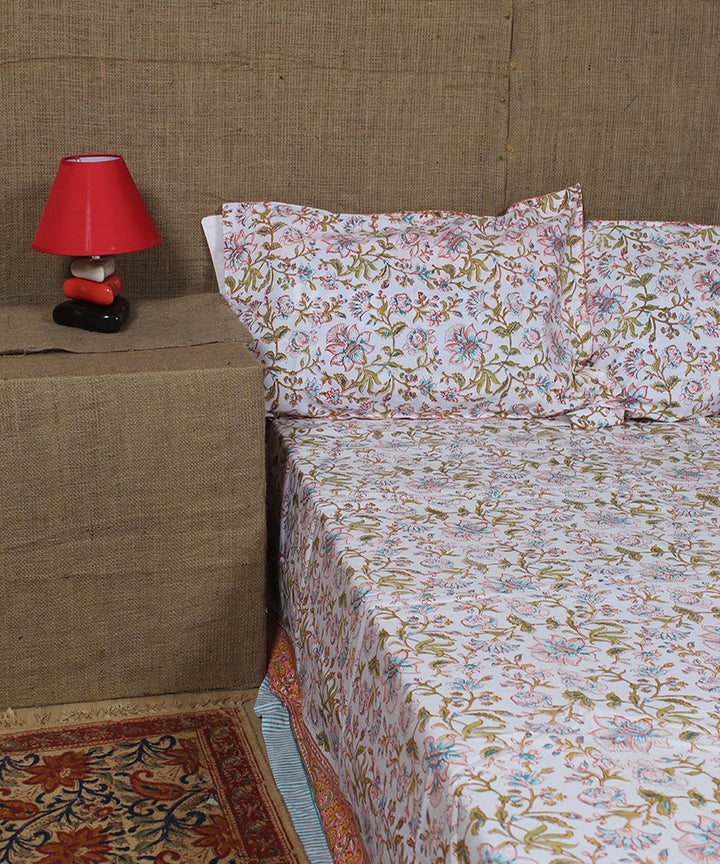 White floral hand printed sanganeri cotton double bedsheet