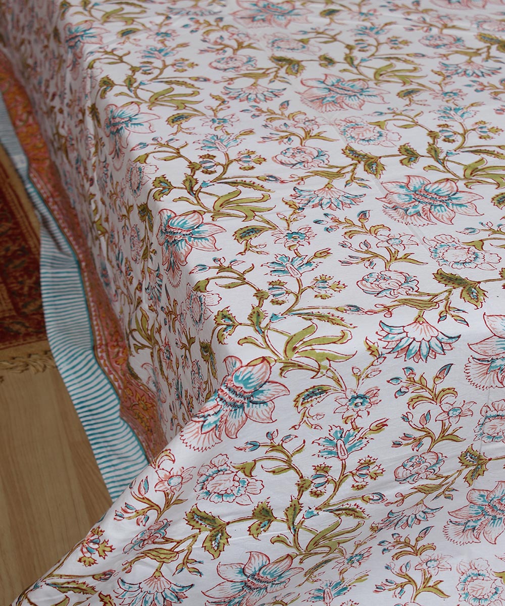 White floral hand printed sanganeri cotton double bedsheet