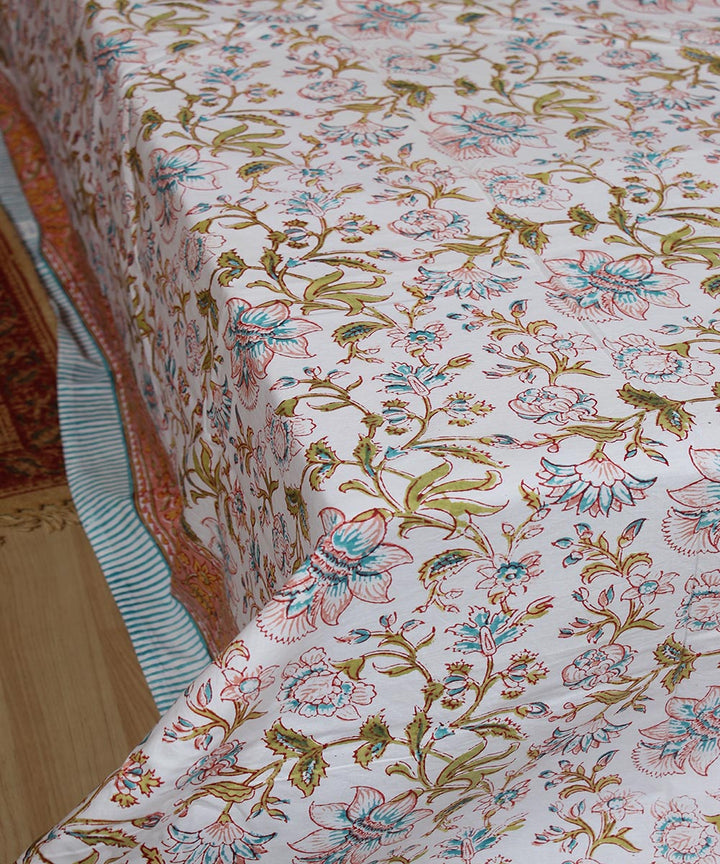 White floral hand printed sanganeri cotton double bedsheet