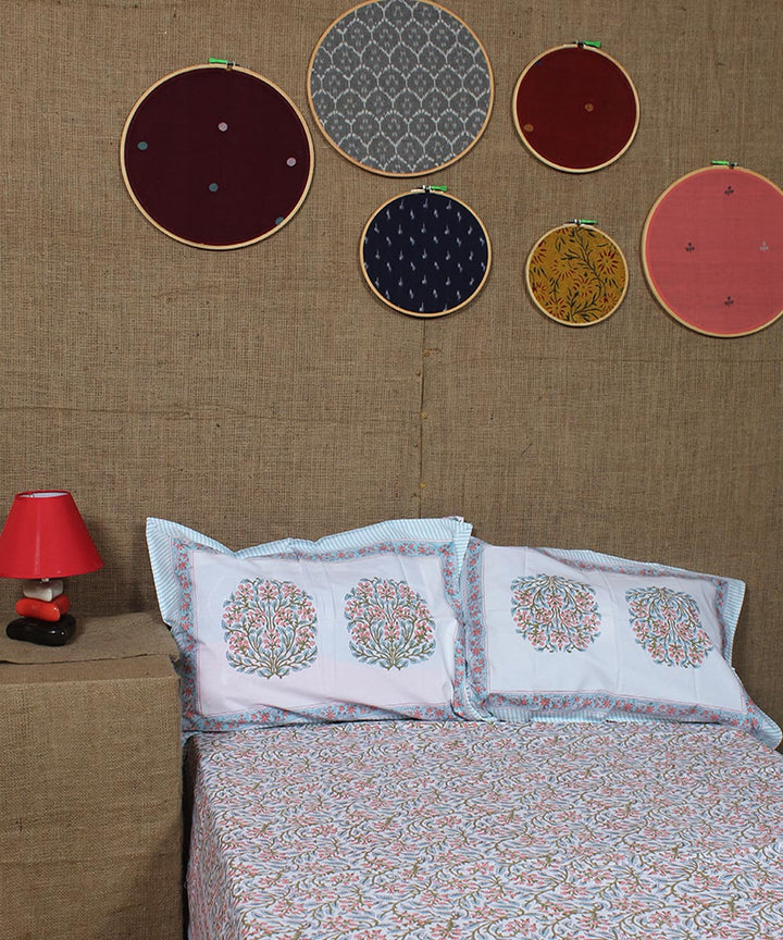 White blue hand printed cotton sanganeri double bedsheet