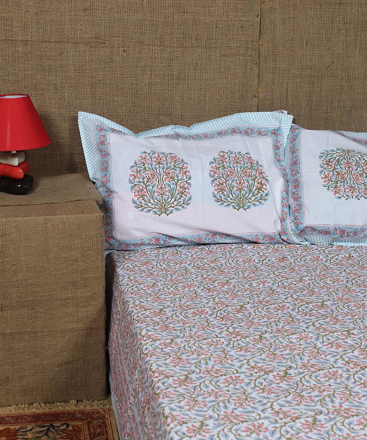 White blue hand printed cotton sanganeri double bedsheet