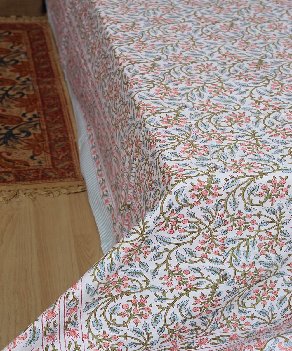 White blue hand printed cotton sanganeri double bedsheet
