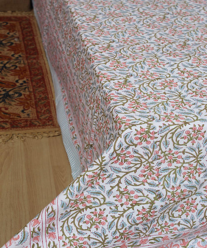 White blue hand printed cotton sanganeri double bedsheet
