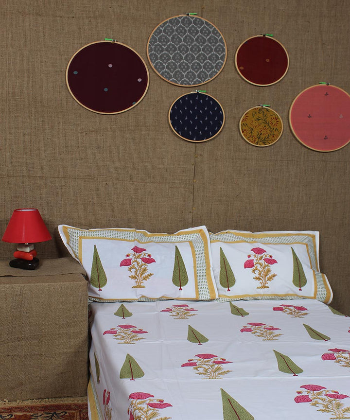 White brown pink hand printed sanganeri cotton double bedsheet