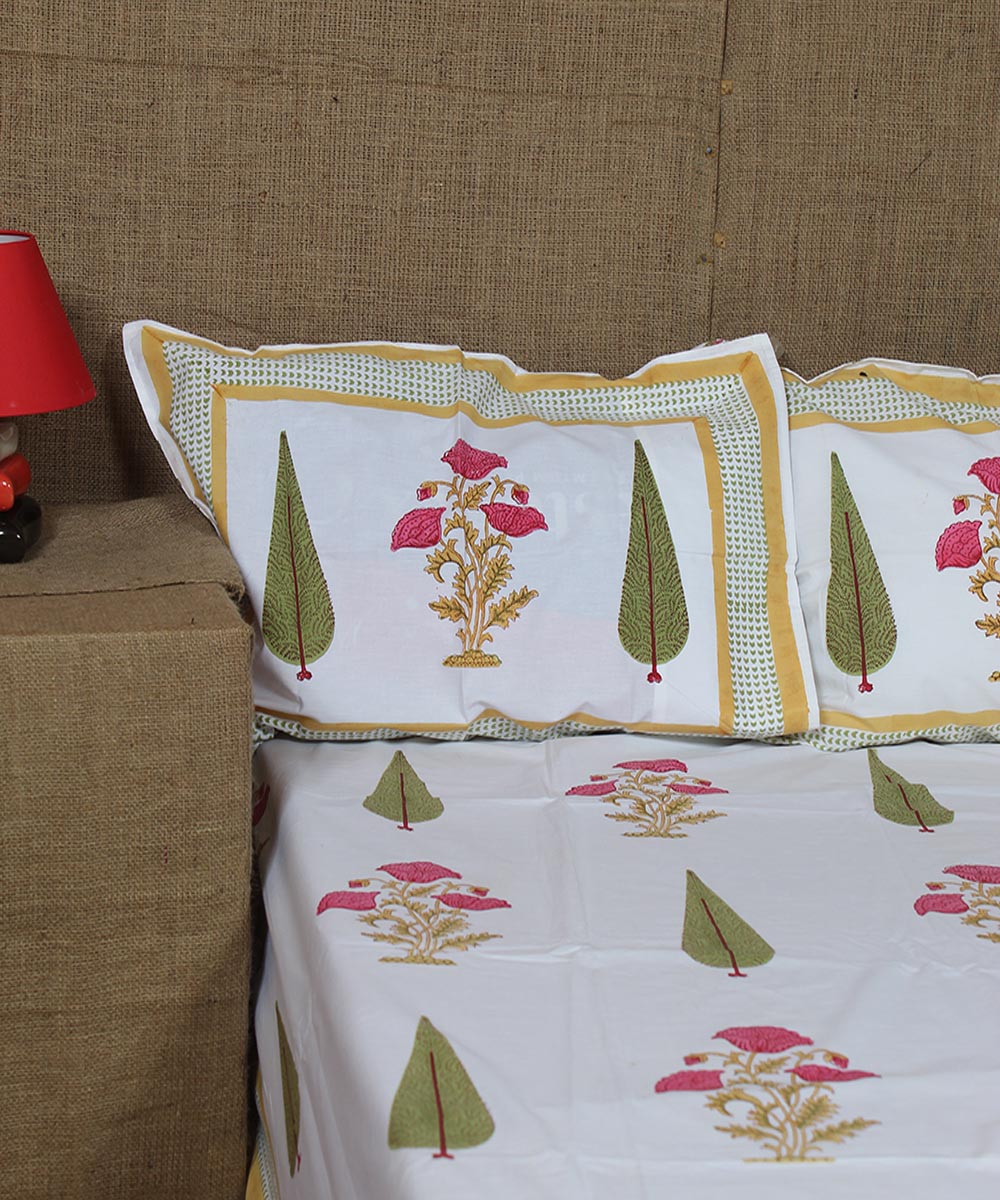 White brown pink hand printed sanganeri cotton double bedsheet