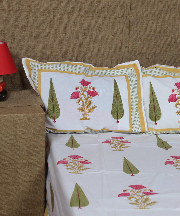 White brown pink hand printed sanganeri cotton double bedsheet