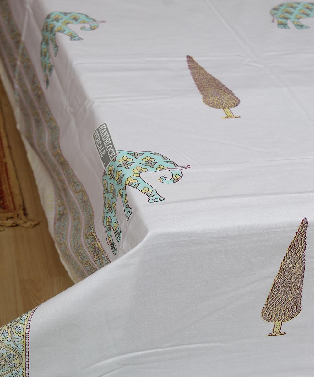 White blue hand printed sanganeri double cotton bedsheet