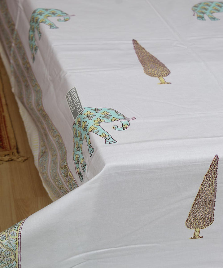 White blue hand printed sanganeri double cotton bedsheet