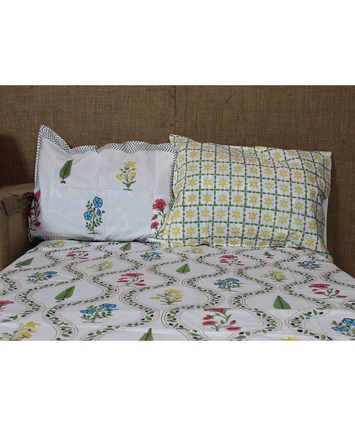 White blue hand printed sanganeri cotton double bedsheet
