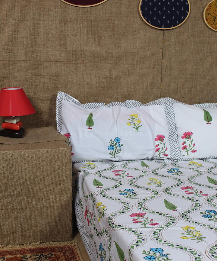 White blue hand printed sanganeri cotton double bedsheet