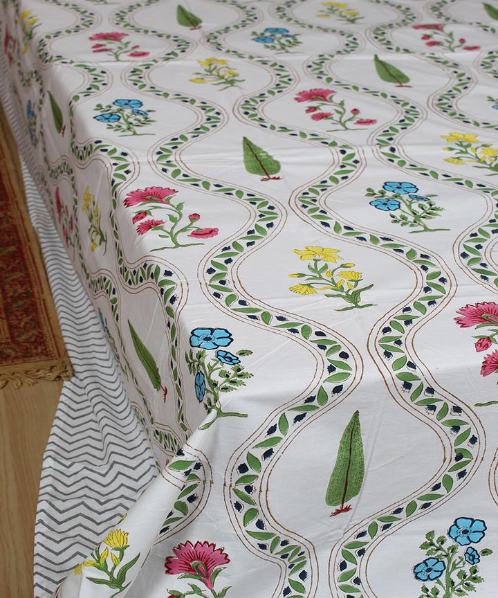 White blue hand printed sanganeri cotton double bedsheet