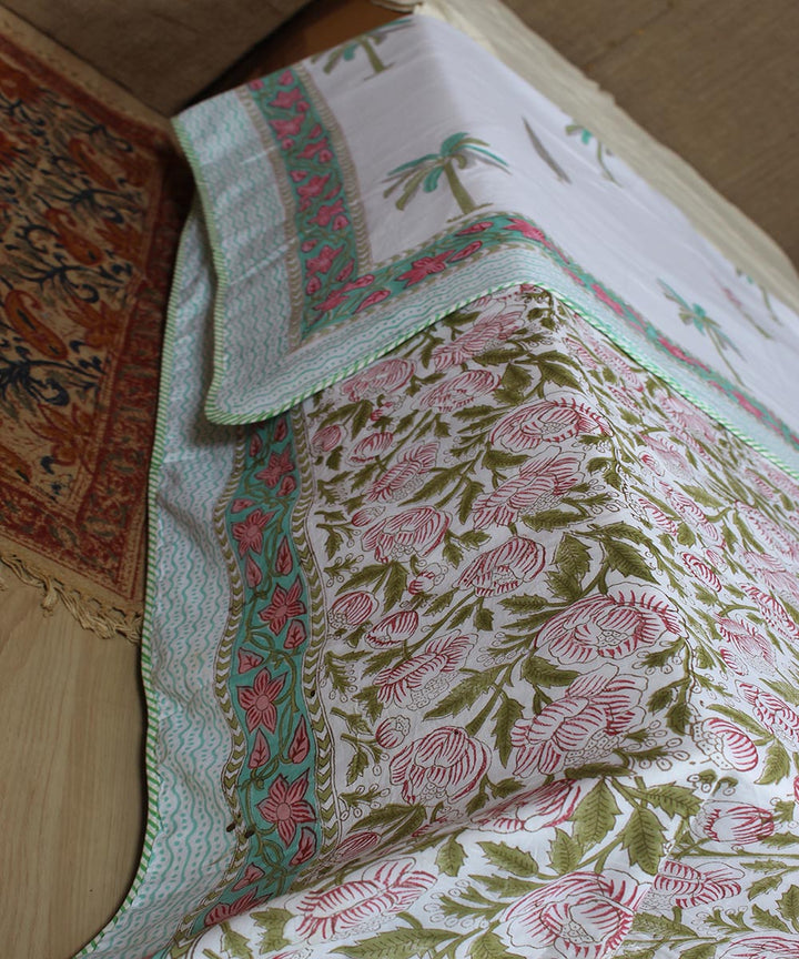 Multi green hand printed sanganeri cotton single dohar
