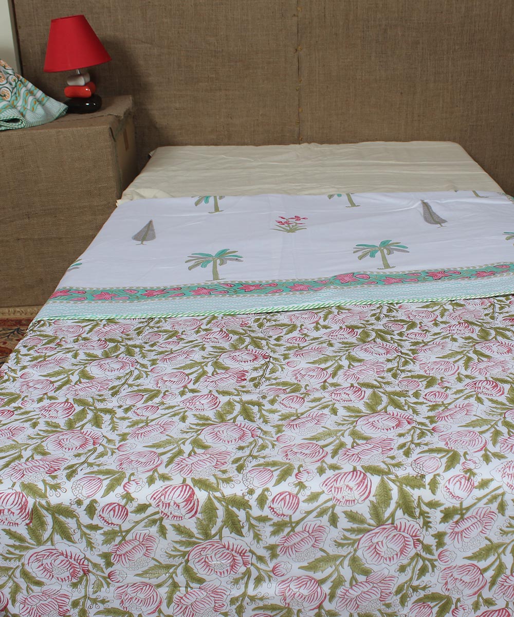 Multi green hand printed sanganeri cotton single dohar