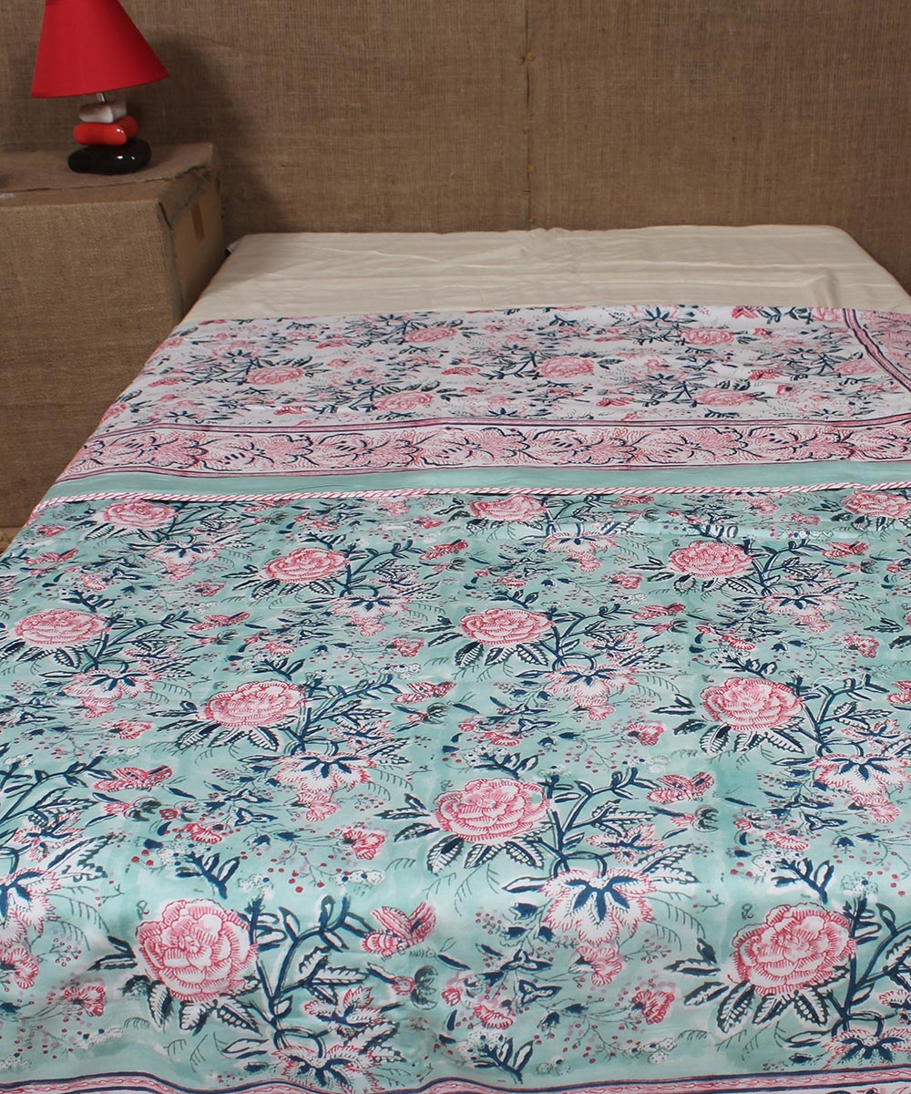 Multi blue hand printed sanganeri cotton single dohar