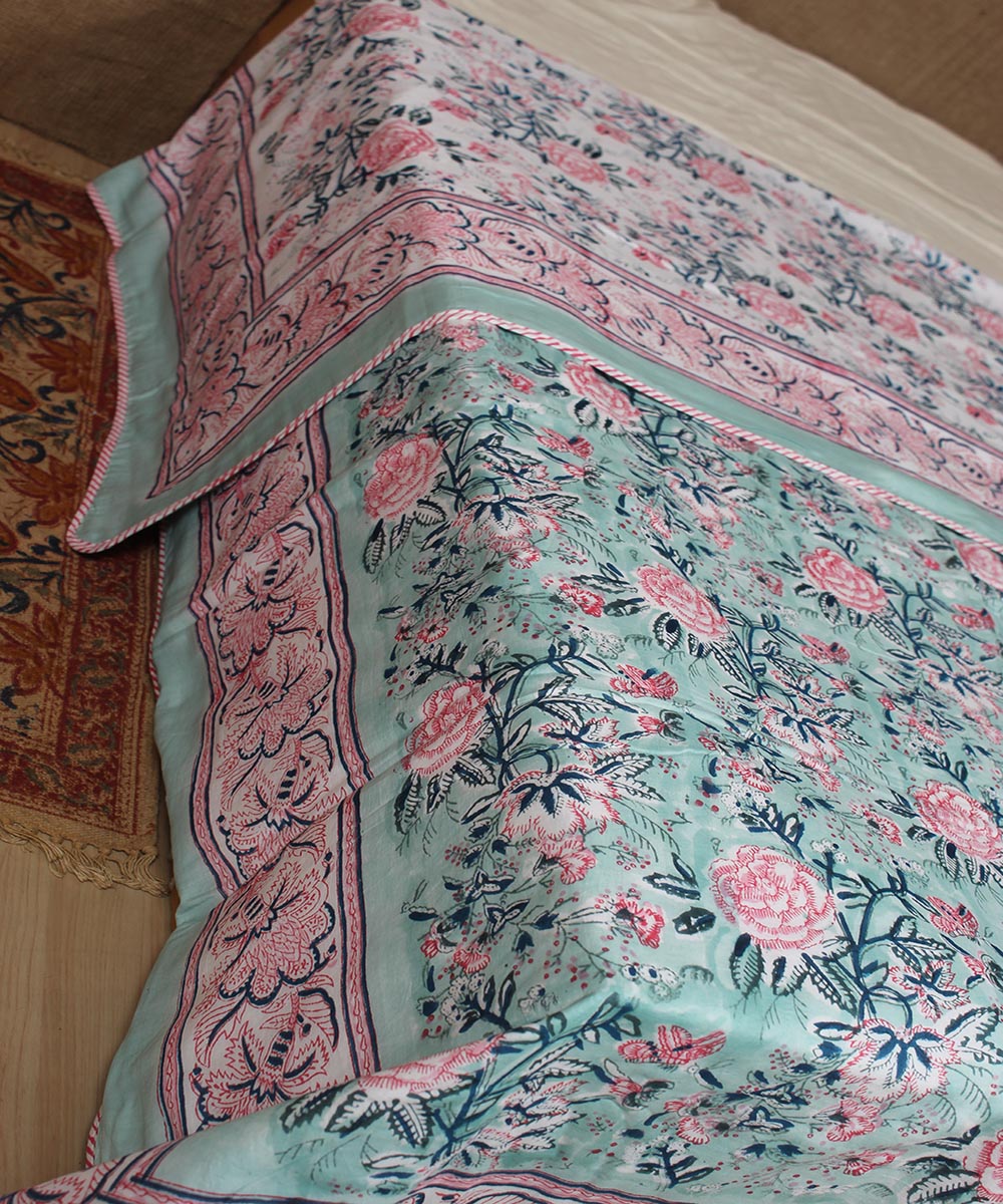 Multi blue hand printed sanganeri cotton single dohar