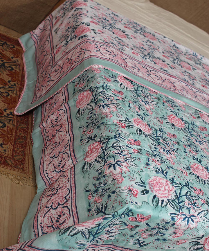 Multi blue hand printed sanganeri cotton single dohar