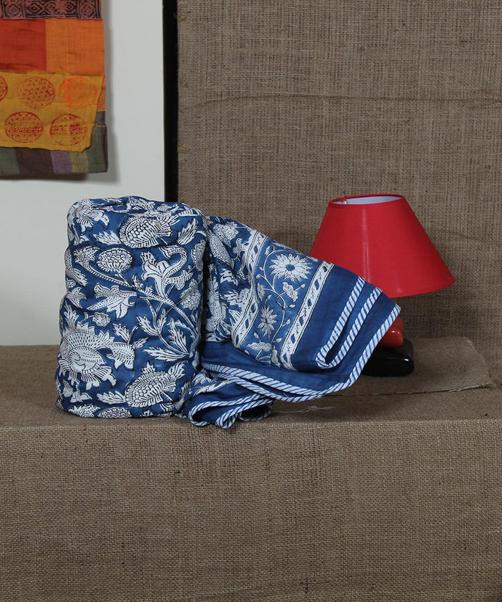 Multi navy blue hand printed sanganeri cotton single dohar