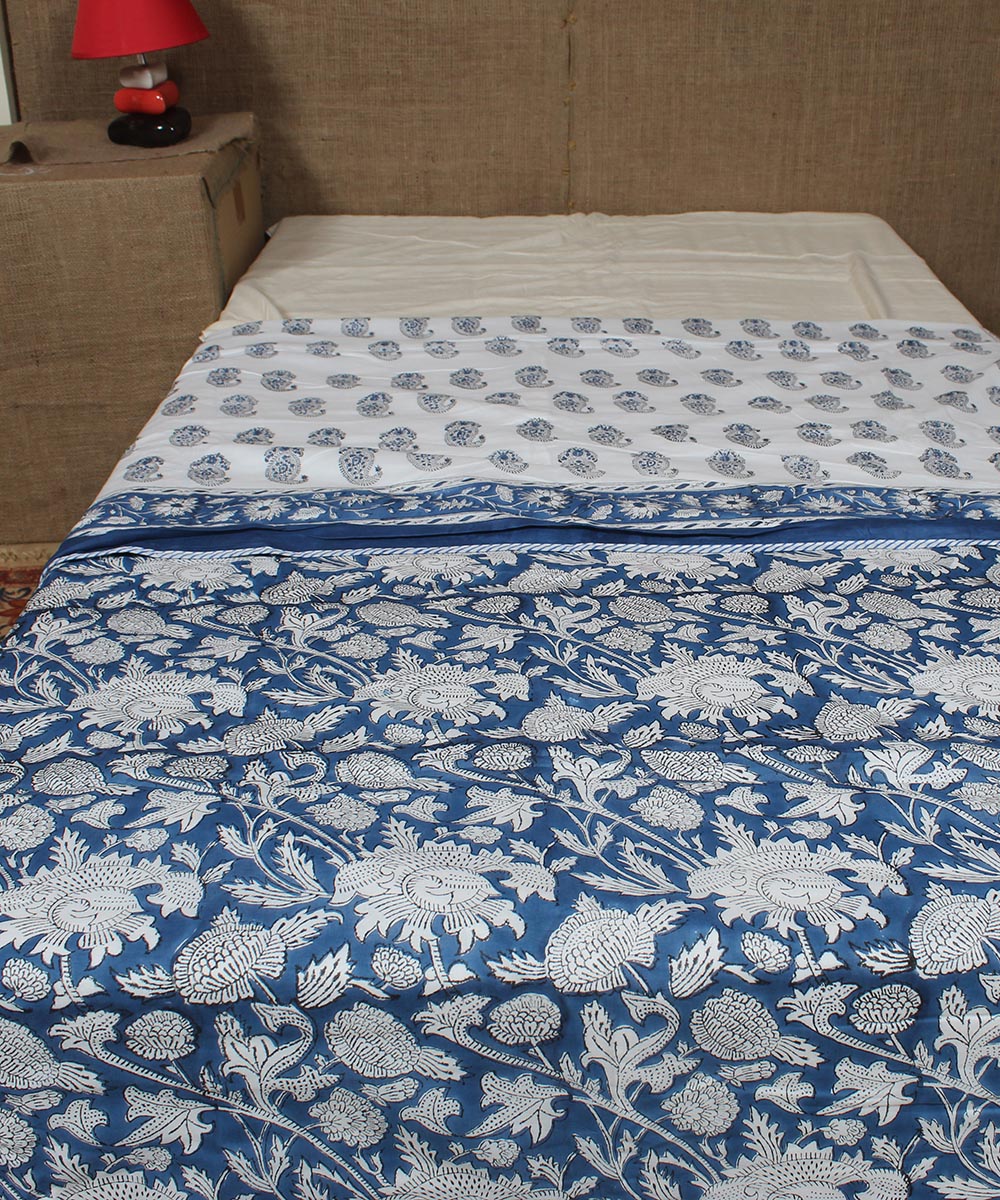 Multi navy blue hand printed sanganeri cotton single dohar