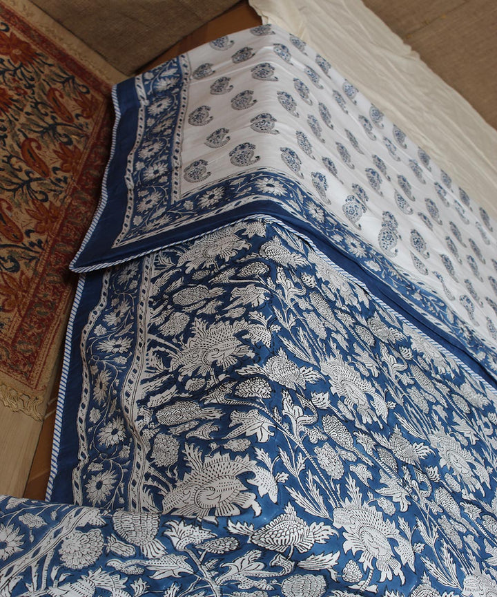 Multi navy blue hand printed sanganeri cotton single dohar