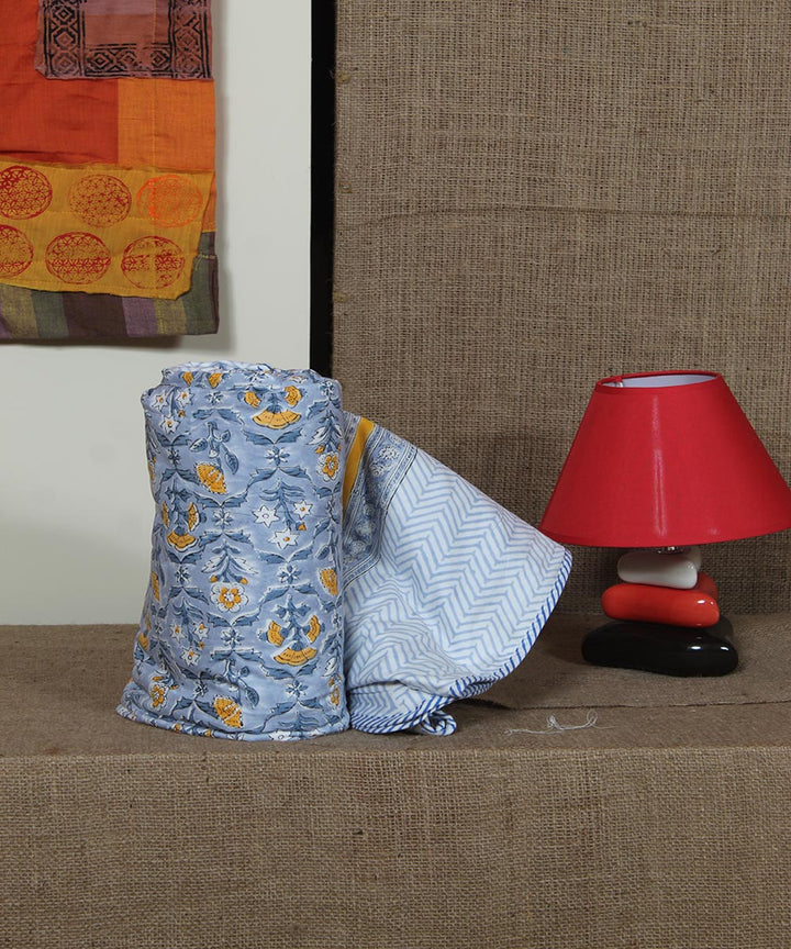 Multi yellow blue hand printed sanganeri cotton single dohar