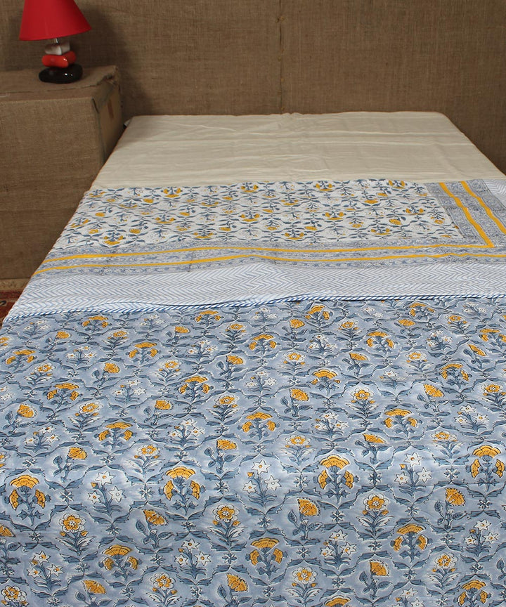 Multi yellow blue hand printed sanganeri cotton single dohar